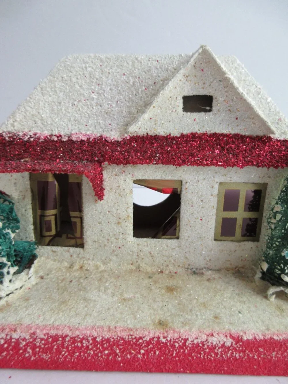 3 Putz Japan Cardboard Christmas Village Red Houses Church, Bottle Brush Trees